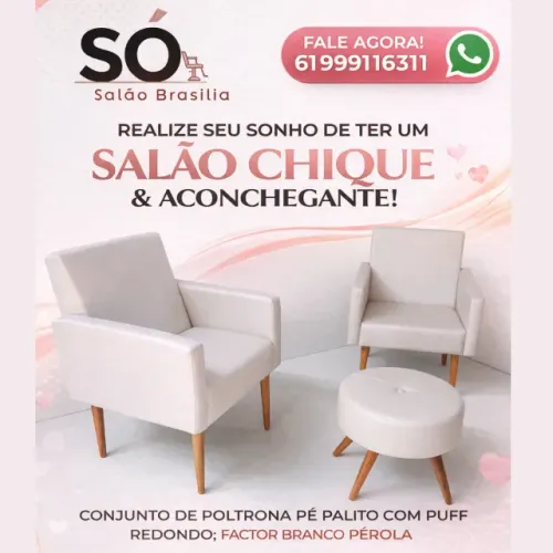 Conjunto de Poltronas Pé Palito + Puff Redondo Factor Branco Perolado
