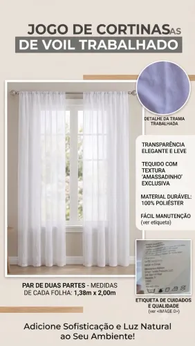Par de Cortinas Brancas 1.38 x 2.00m Texturizada assadinha voil branco com transparência