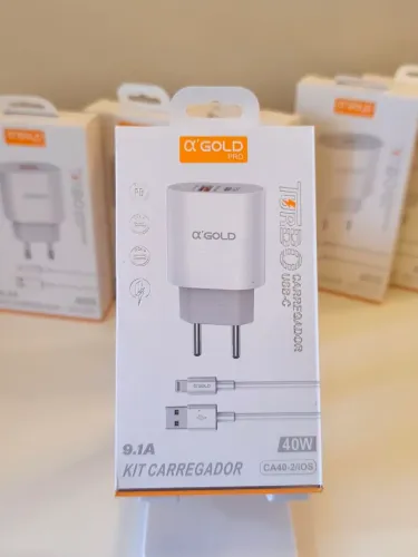 Kit carregador TURBO 40W Lightning (iPhone) fonte com 2 entradas usb e tipo C