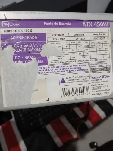 Fonte Duex DX 450S ATX 450W - 20+4 Pinos - Usada e funcionando