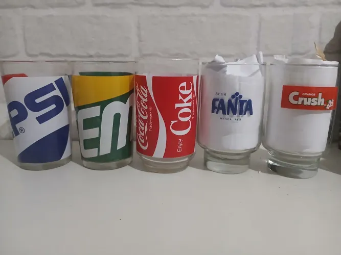 Coleção de Copos vidros de 5 marcas de refrigerante promocional anos 80