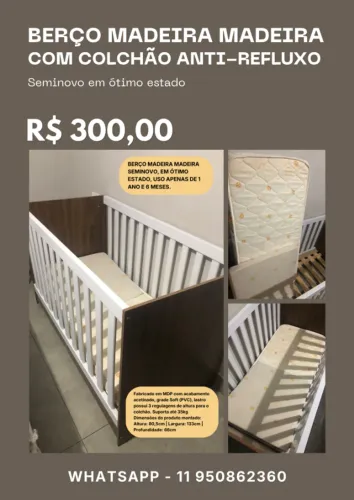 BERÇO MADEIRA MADEIRA COM COLCHÃO ANTI-REFLUXO SEMINOVO
