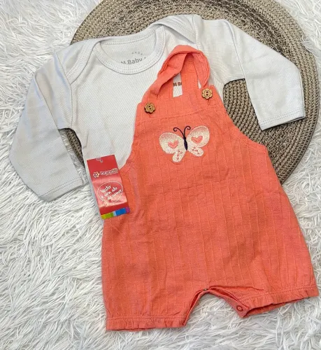 Conjunto Bebê Feminino Jardineira Salmão com Body Manga Longa M