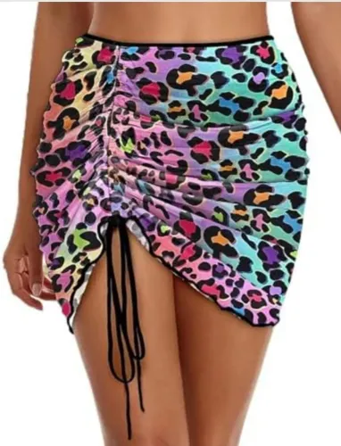 Saia feminina com estampa de leopardo gradiente com cordão franzido tamanho assimétrica