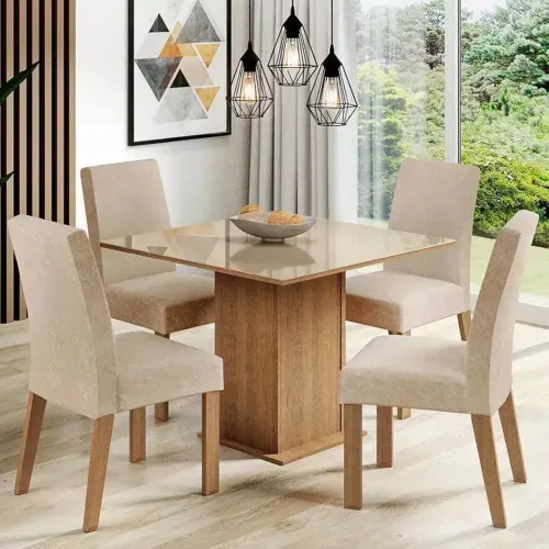 Sala de Jantar Madesa Evelin Mesa Tampo de Vidro com 4 Cadeiras - Rustic/Crema/Imperial