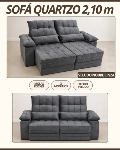 SOFÁ QUARTZO 2,10MT - VELUDO NOBRE CINZA