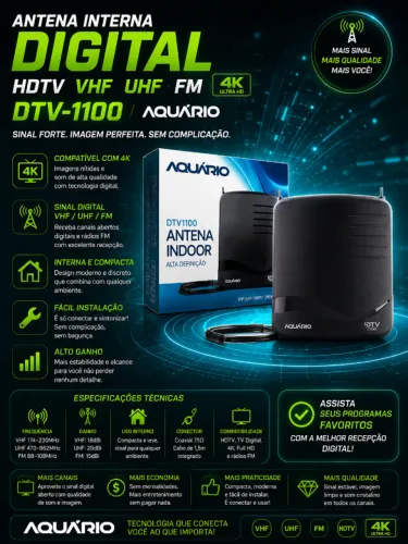 Antena Interna Digital Hdtv Vhf Uhf Fm 4k Dtv-1100 Aquário