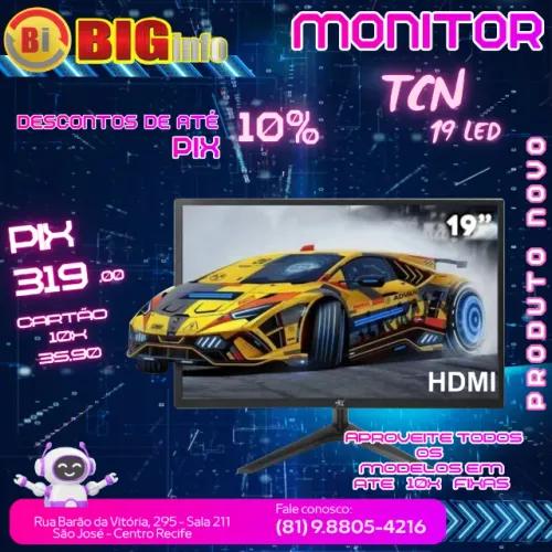 Monitor TCN 19" LED Widescreen, 60Hz, VESA, HDMI/VGA, Preto  - Em ate 10x Fixas 