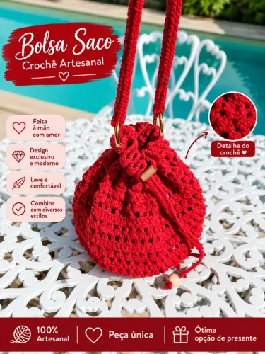 Bolsa Saco de Crochê Artesanal Vermelha - Exclusiva e Linda