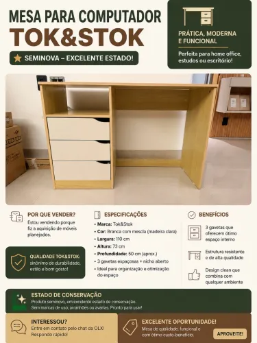 Mesa para Computador Tok&Stok 3 gavetas