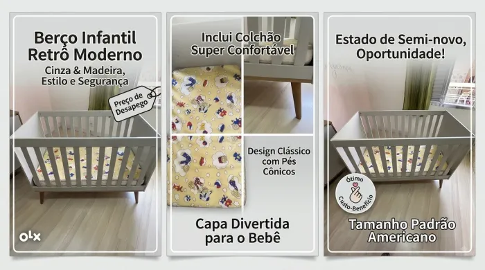 Berço Infantil Retrô Moderno Cinza + Colchão Divertido - Lindo e semi-novo! ?