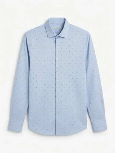 Camisa Social Zara Azul Claro com Poás Manga Longa Slim Fit - Estampa Delicada