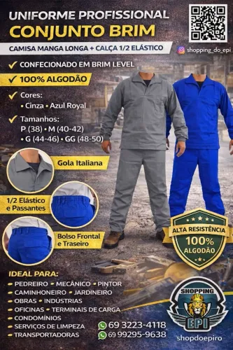 Uniforme Profissional Conjunto Brim Camisa Jaleco Manga Longa + Calça 1/2 Elástico P/ Trab