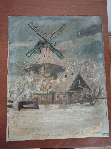 Quadro com pintura de moinho. Pintura feita em 1961