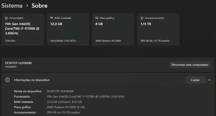 PC Gamer i7 11a Ger | 32GB RAM Corsair | RX 6600 8GB | SSD 1TB e 500GB | Water Cooler 360m
