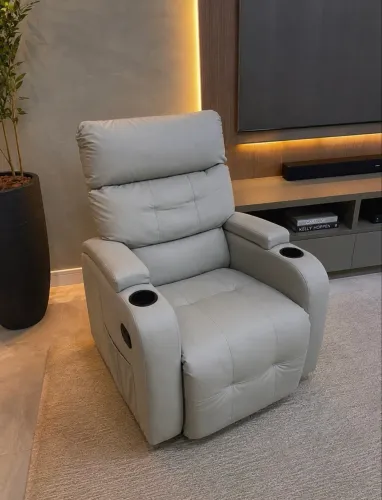 Poltrona Reclinável Cinema TV Luxo Porta Copos Bege