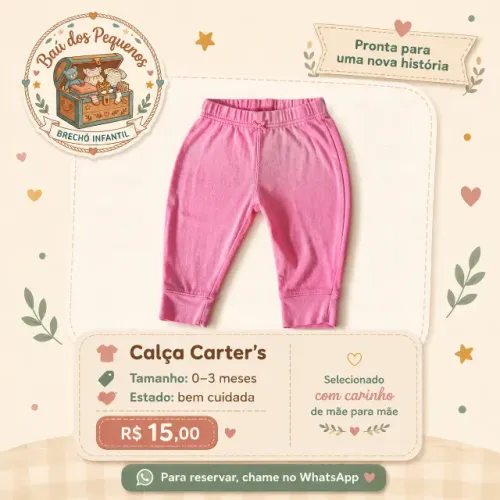 Calça rosa de algodão Carters 0-3 meses