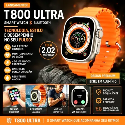 Relógio Smart Watch T800 Ultra Bluetooth Pulseira Laranja Bisel Alumínio
