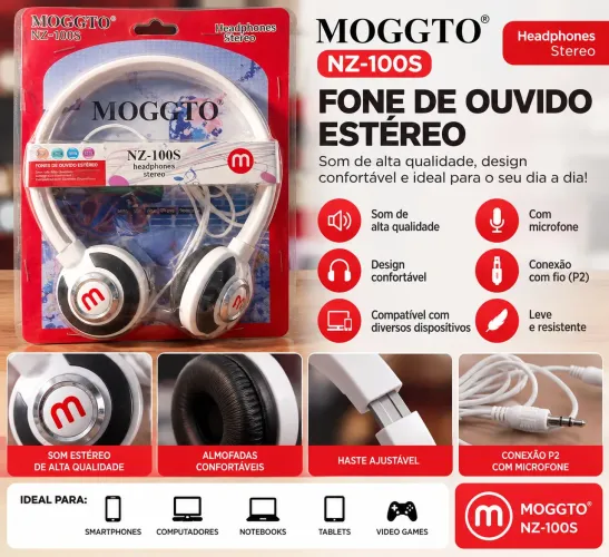 Fone de Ouvido Moggto NZ-100S com Fio P2 Branco