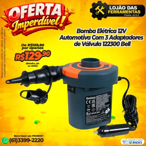 Bomba Elétrica Automotiva 12v Com 3 Adaptadores de Válvula 122300 Bell
