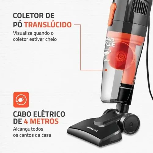Aspirador de Pó Vertical 2 em 1 Mondial Turbo Cycle 1100w - 127 Volts