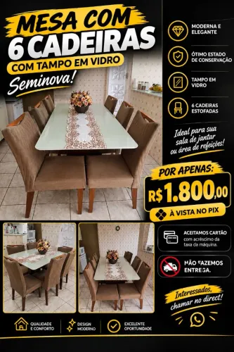 Mesa com tampo de vidro, 6 cadeiras.