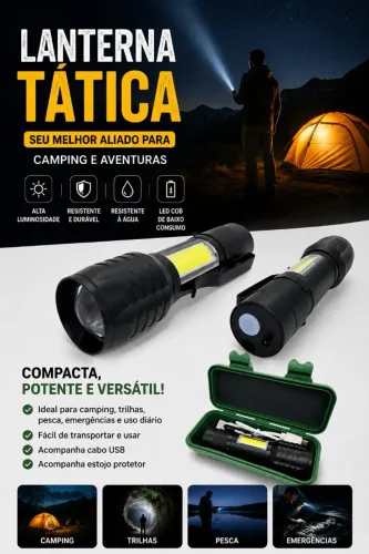 Lanterna Tática LED Recarregável USB Camping Pesca Emergência