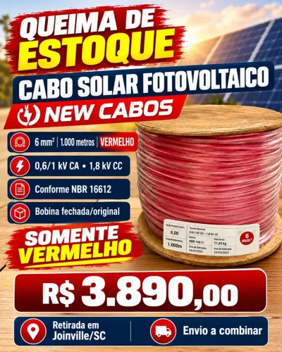 Cabo Solar Fotovoltaico New Cabos 6mm² / Bobina 1.000m Vermelho