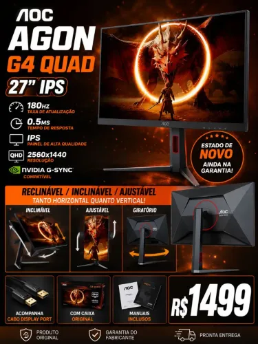 Monitor Gamer AOC AGON G4 QHD 27' 180hz 0.5ms