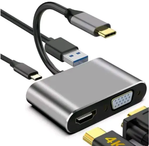 Adaptador Hub 4 em 1 Tipo-C para HDMI, VGA, USB 3.0 e Carregamento PD