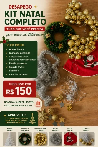 Kit de Natal Completo com bolas douradas, guirlanda e enfeites