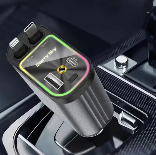 Carregador de carro retrátil com luz LED, carregador de carro rápido 4 em 1 de 120 W