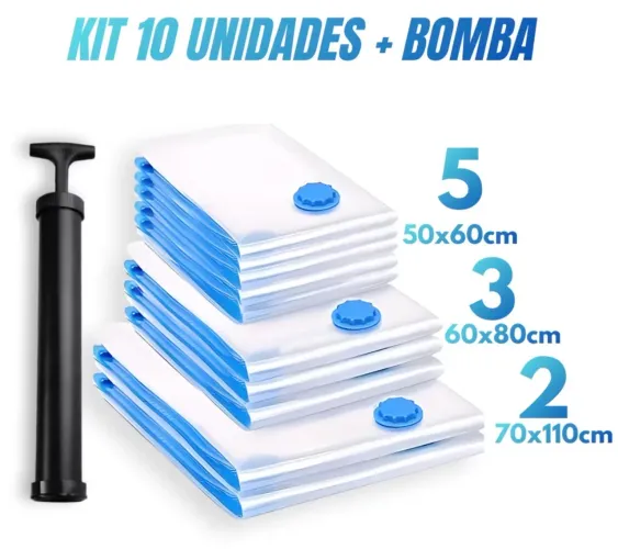 Kit 10 Sacos a Vácuo + Bomba | Organizador de Roupas e Edredons