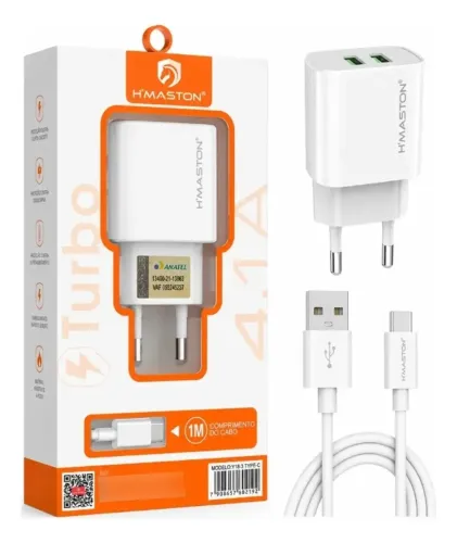 CARREGADOR FONTE TURBO BIVOLT 2 USB 4.1A CABO 1M TIPO C BRANCO - HMASTON