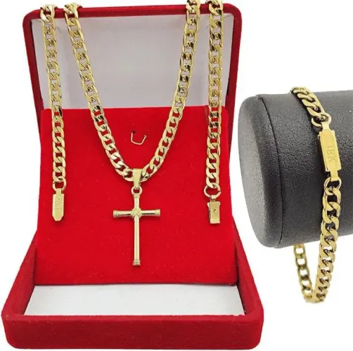  Kit cordao pulseira moeda antiga Corrente e Pulseira Masculina cor Ouro 18k