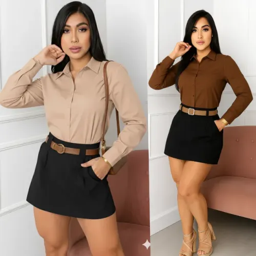 Conjunto Elegância Urbana - Short Saia de Alfaiataria e Camisa Social Manga Longa
