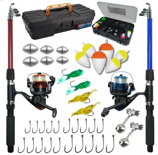 Kit  Pesca Completo - 2 Vara, 2 molinete ,   2 Carretilha, Iscas e Acessórios