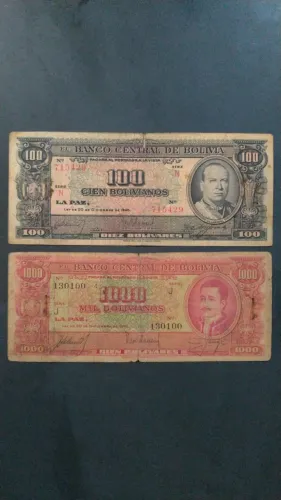 2 Notas Antigas 100 e1000 Bolivianos 1945.