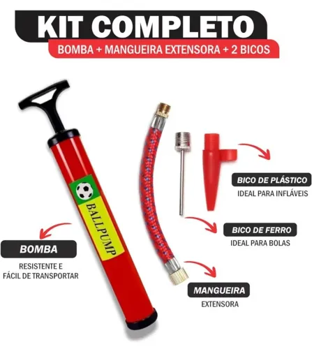 Bomba de ar para bola com mangueira bico de metal e bico plástico