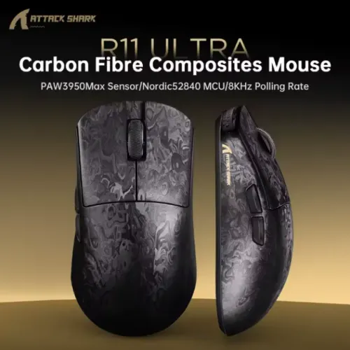[Novo] Mouse Gamer Sem Fio Attack Shark R11 Ultra, Fibra de Carbono, 8000Hz, PAW3950 MAX  