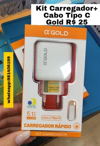 Kit Carregador+ Cabo Tipo C Gold R$ 25