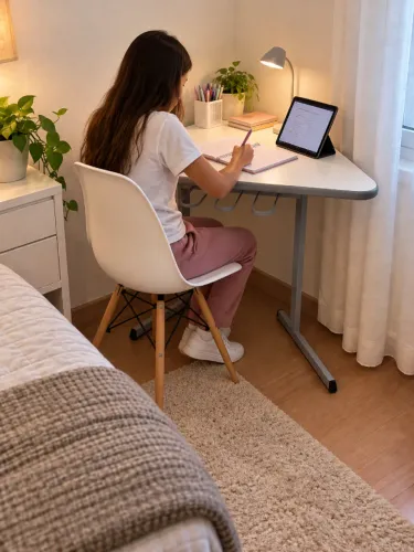 Mesa para estudo de canto com porta livros carteira trapézio escolar branca