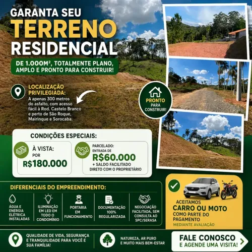Lote de 1000m² com Água e Energia! Perfeito para Sitio ou Chácara!