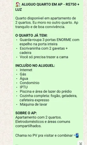 Quarto em apartamento R$750,00 + luz