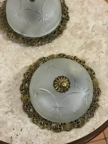 Par De Plafons Antigos Anos 50/60 - 20cm -  Colonial Em Bronze E Vidro Jateado Lapidado