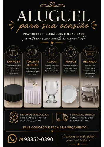 Aluguel de copos, talheres, pratos e réchaud.