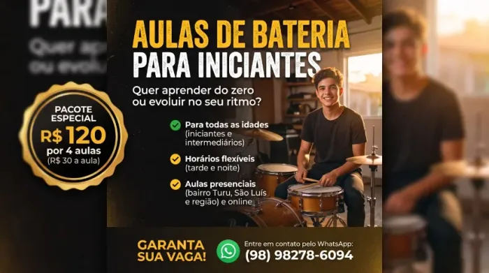 Aula de Bateria para Iniciantes - Turu/São Luís (Pacote Especial)