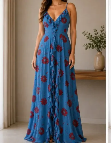Vestido Longo Azul Floral - Maria Filó - veste 40/42