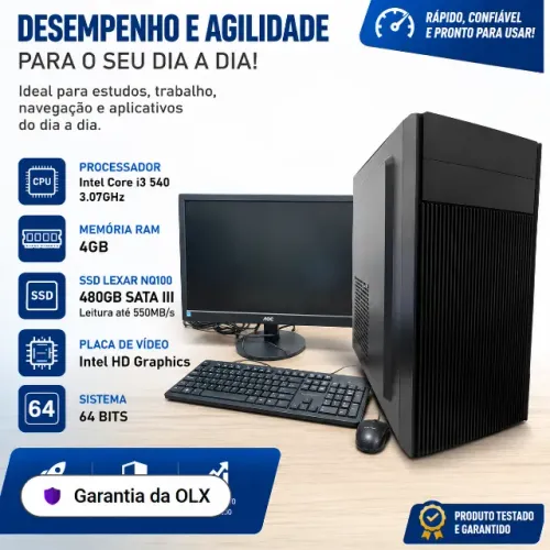 PC Completo Intel Core i3 + Monitor + SSD 480GB | Pronto para Uso