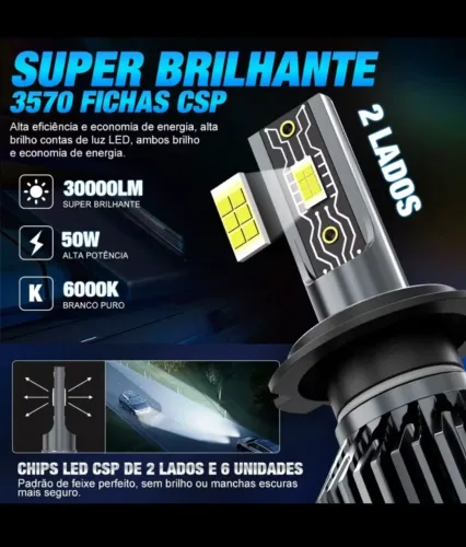 lâmpada led h7 - super branca 100w 6000k